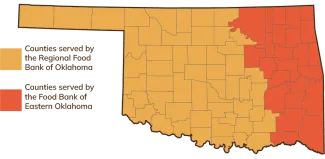 A map of Oklahoma counties with Eastern counties colored orange to indicate they are served by the Food Bank of Eastern Oklahoma and the rest colored yellow who are served by the Regional Food Bank of Oklahoma. 