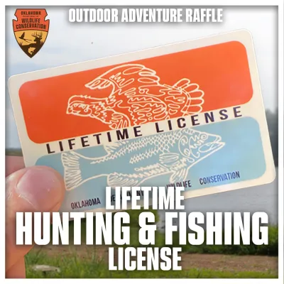 An image of a lifetime Oklahoma hunting and fishing license. The text reads, "Outdoor Raffle. Lifetime hunting and fishing license".