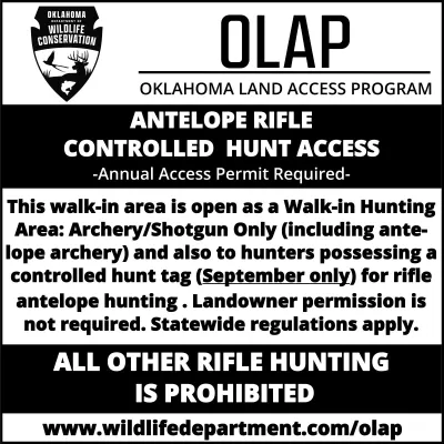 A black and white OLAP sign for Antelope Rifle Controlled Hunt Access