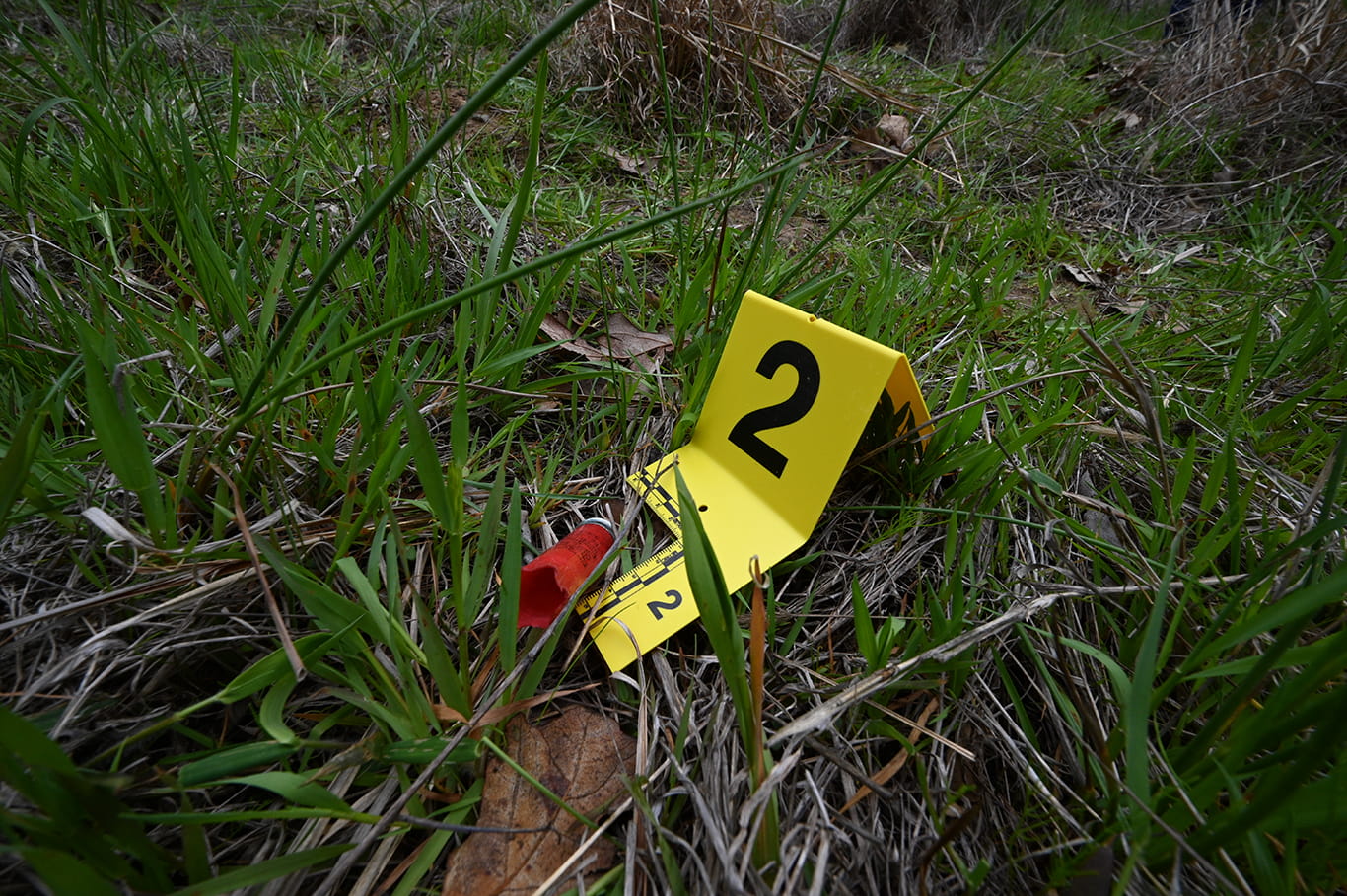 Evidence markers numbered 2 placed in grass at a wildlife crime scene